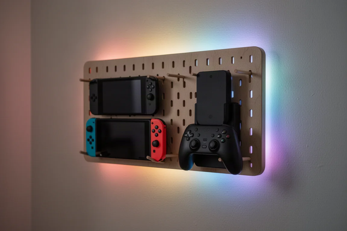 Pegboard display with RGB backlighting holding a handheld console and controller
