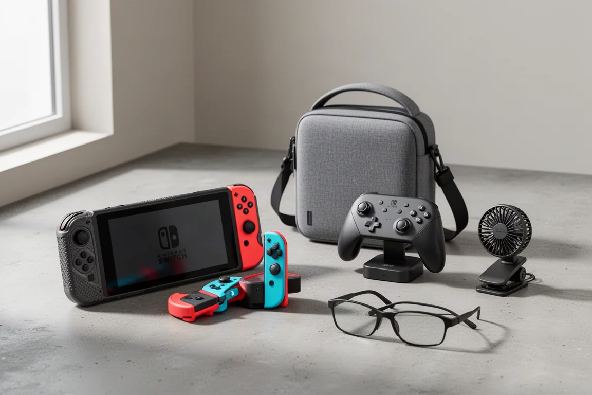 Accessori per Switch 2 tra cui una console in custodia, una borsa a tracolla, un controller e occhiali XR su cemento
