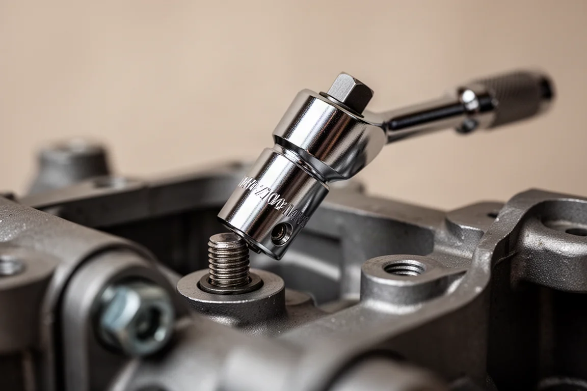 Douille articulée pivotant en angle sur une fixation dans un compartiment moteur exigu