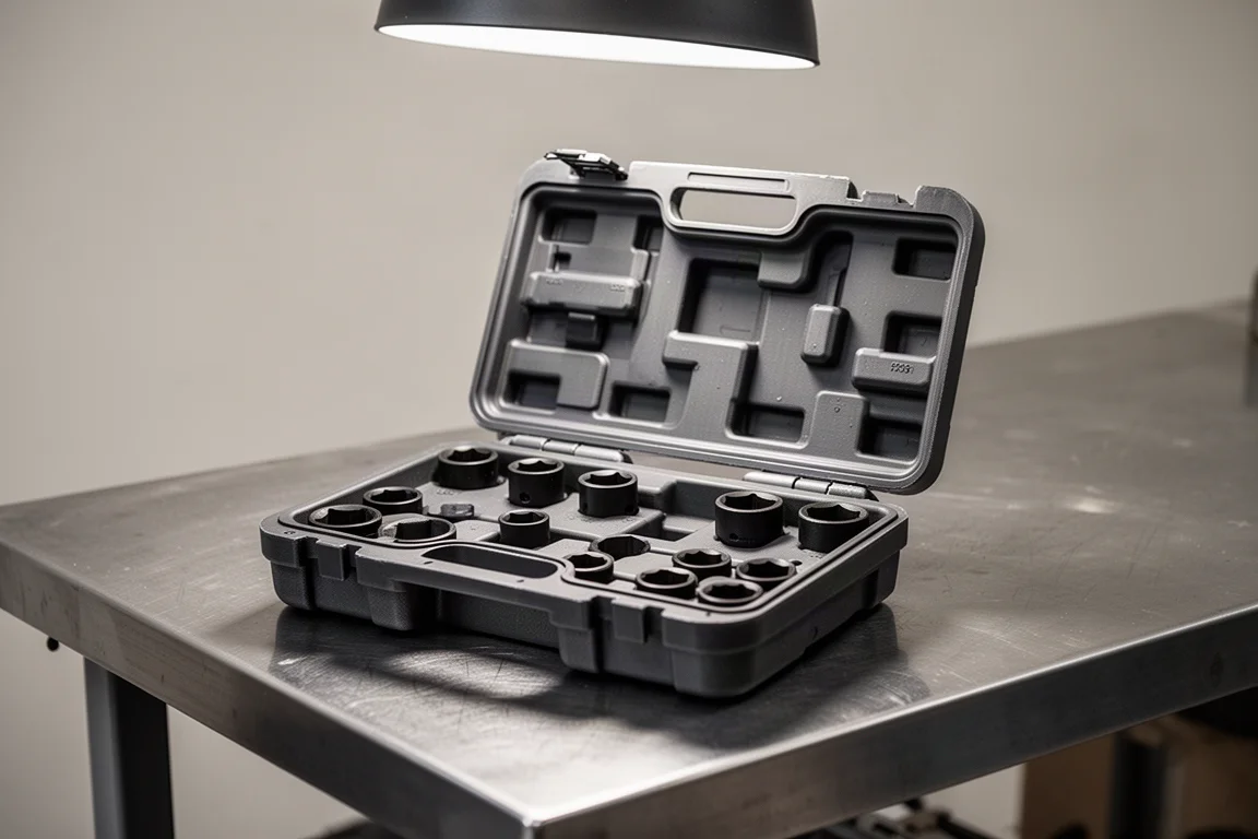 Boîtier en plastique de jeu de douilles ouvert sur un établi avec des outils en cours d'agencement