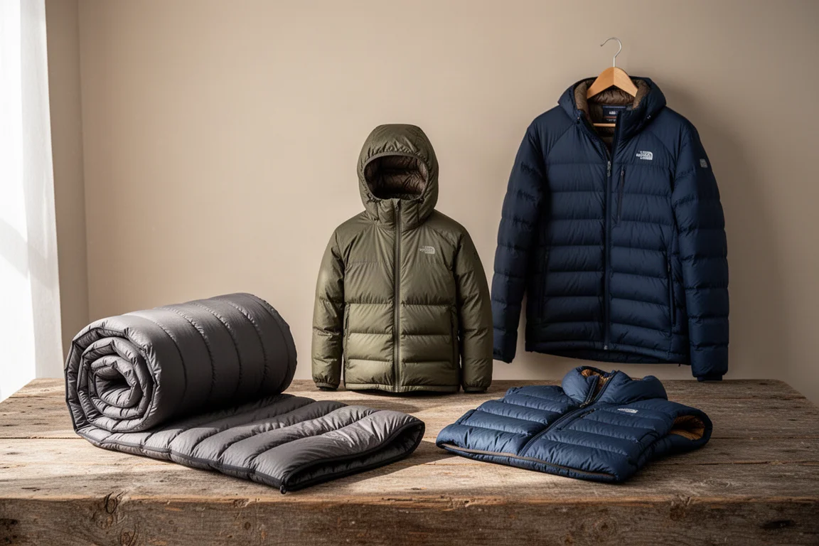 Folded backpacking quilt, charcoal synthetic puffy jacket, and navy down parka on concrete