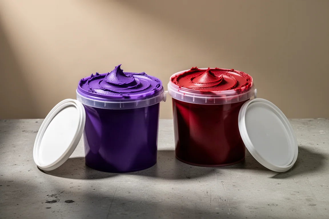 Due vaschette aperte di grasso, una viola e una rossa, su una superficie di cemento di un'officina