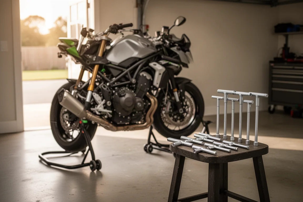 Prace motocyklowe w toku, imbusy z grabką T leżące obok motocykla