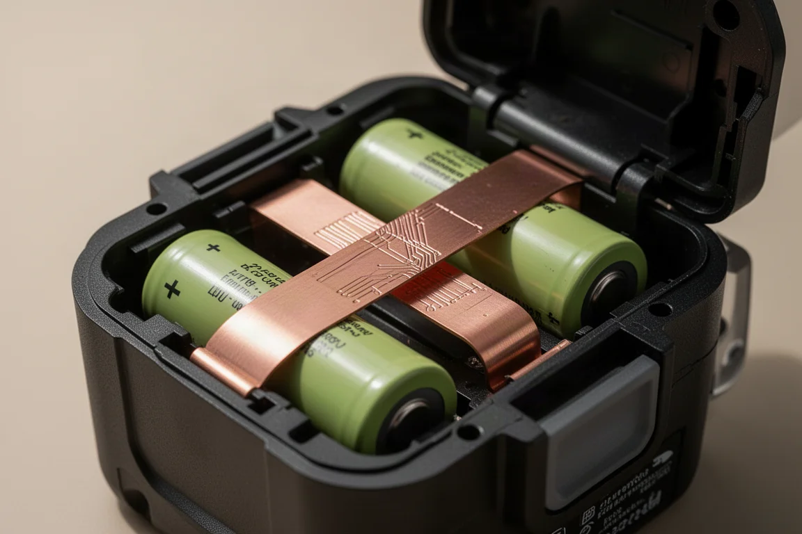 Primo piano di celle al litio 21700 collegate da ampi nastri di rame saldati a laser all'interno di un pacco batteria