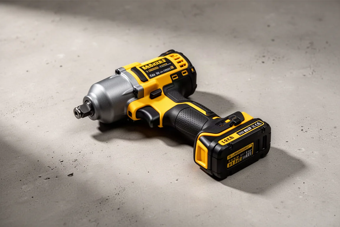 Avvitatore ad impatto senza fili giallo appoggiato su una superficie di cemento con batteria montata