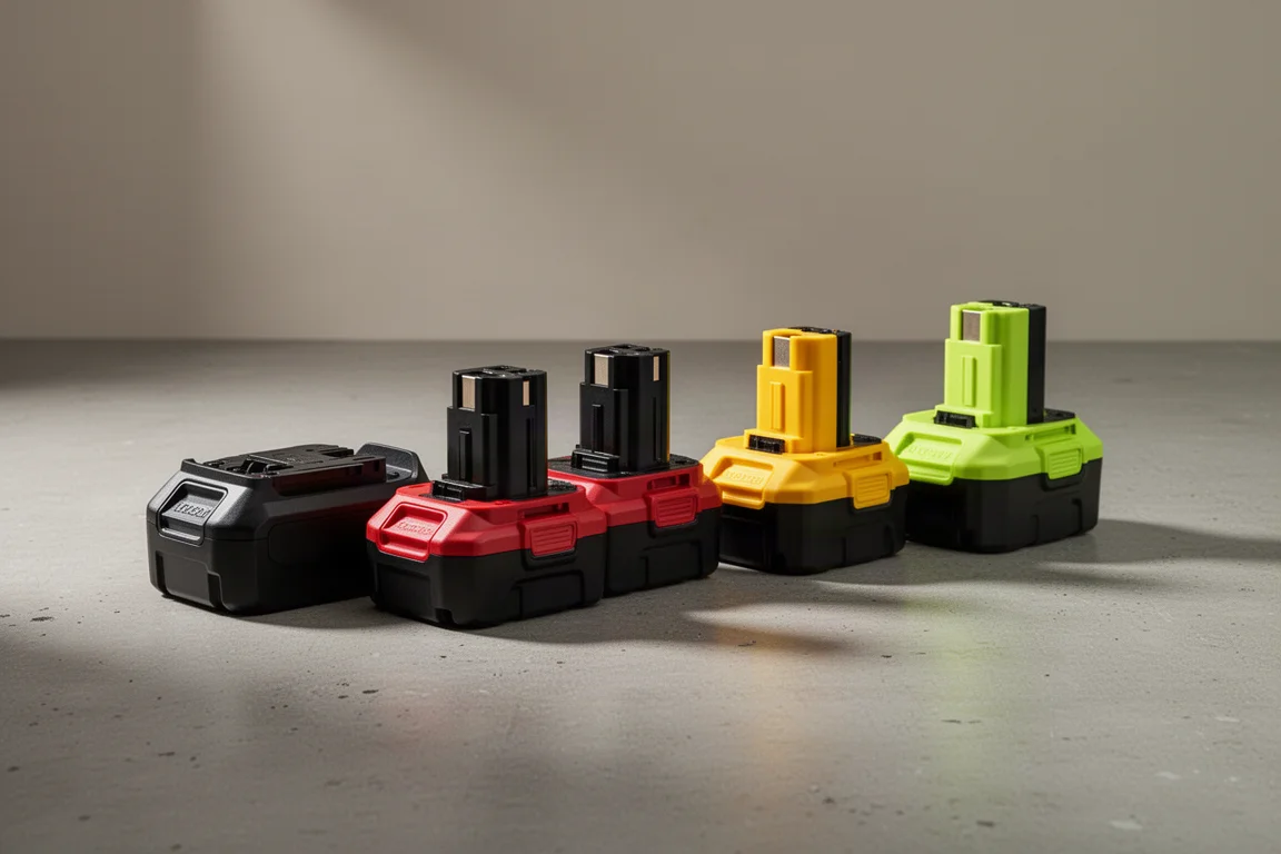 Five cordless power tool battery packs arranged on a concrete workshop surface