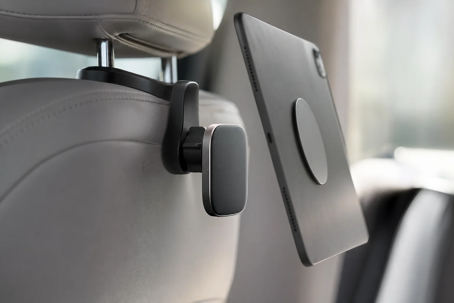 Soporte magnético para tablet en el reposacabezas del coche mostrando el sistema de fijación rápida