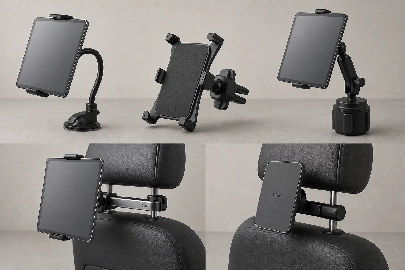 Five tablet car mounts displayed on grey surface showing different mounting styles