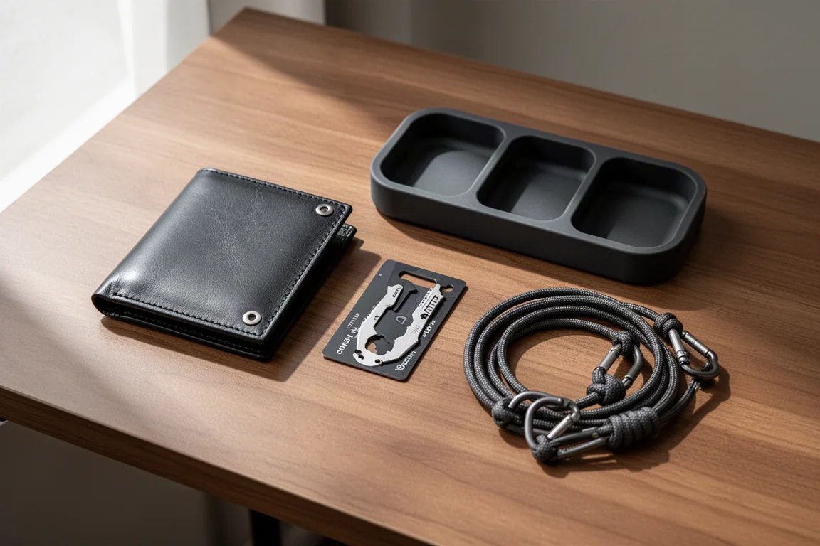Vue à plat de matériel tactique incluant portefeuille, multi-outils et plateau de rangement sur un bureau
