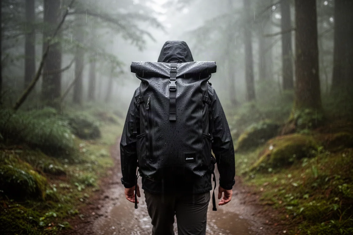 Randonneur avec un grand sac à dos étanche noir sur un sentier forestier sous la pluie