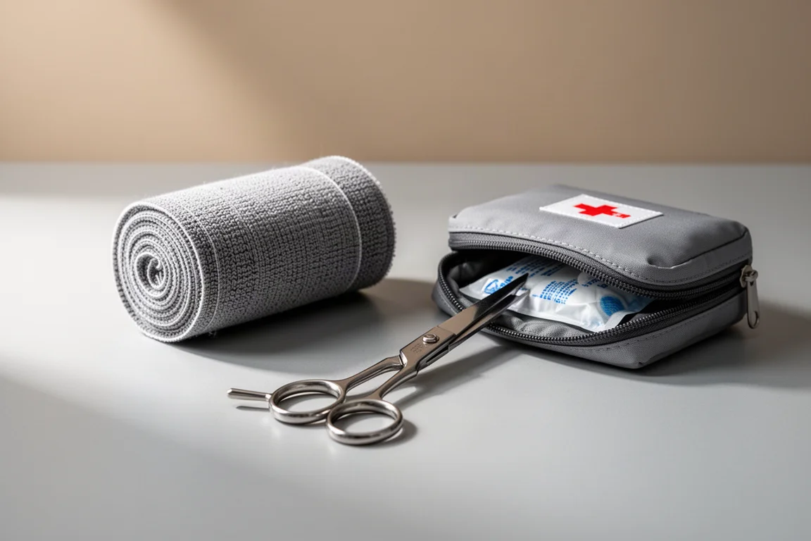Bandage compressif tubulaire et petits fournitures de premiers secours disposés sur une surface propre