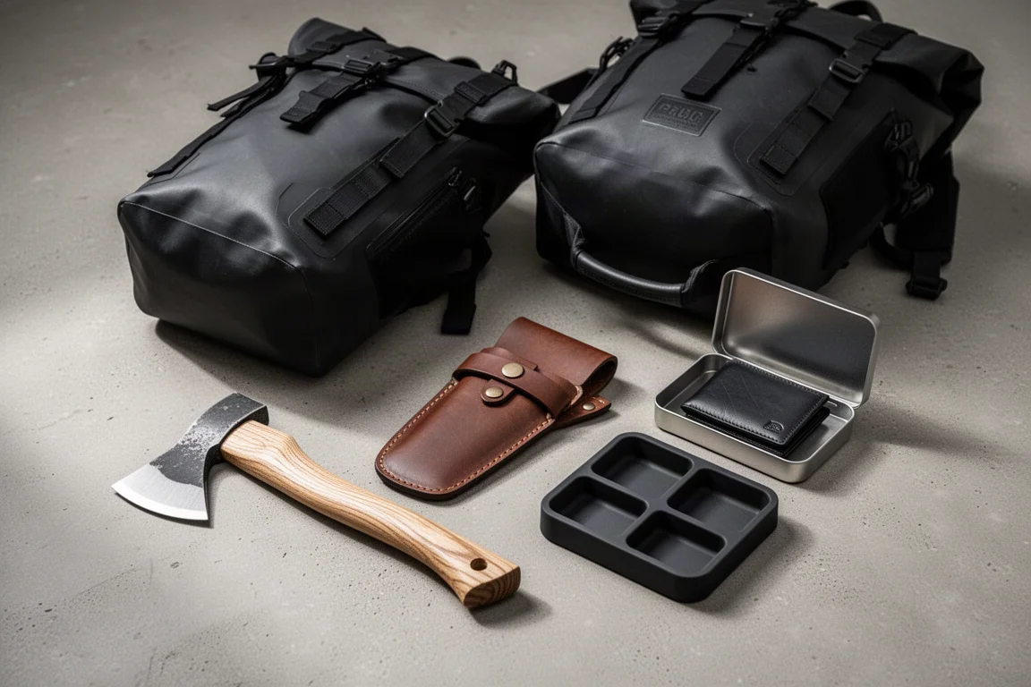 Flat-Lay mit Tactical-Gear inklusive Rucksack, Axt, Brieftasche und EDC-Schale auf Beton
