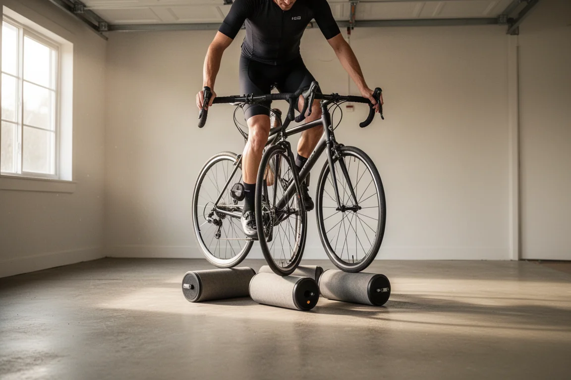 Ciclista equilibrando sobre rodillos en un espacio de entrenamiento en garaje