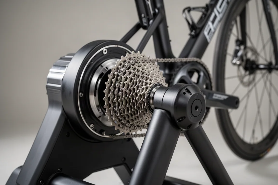 Primer plano de un entrenador de transmisión directa con una bicicleta montada