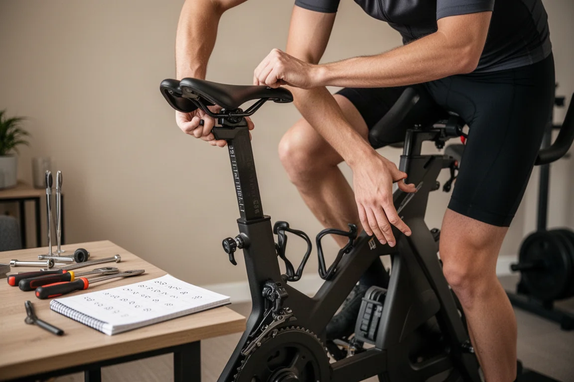 Ciclista ajustando la posición en una bicicleta de entrenamiento indoor
