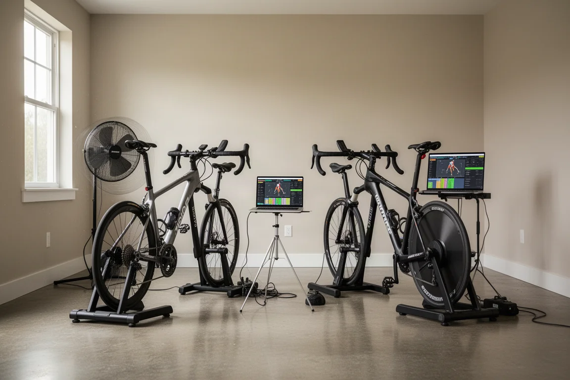 Cueva de dolor en casa con varios entrenadores indoor y un portátil