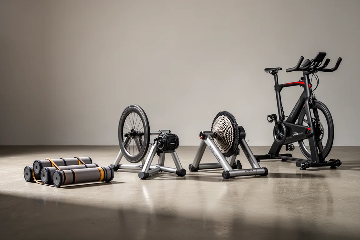 Line-up van Tacx-indoortrainers met rollers, wheel-on, direct drive en smart bike