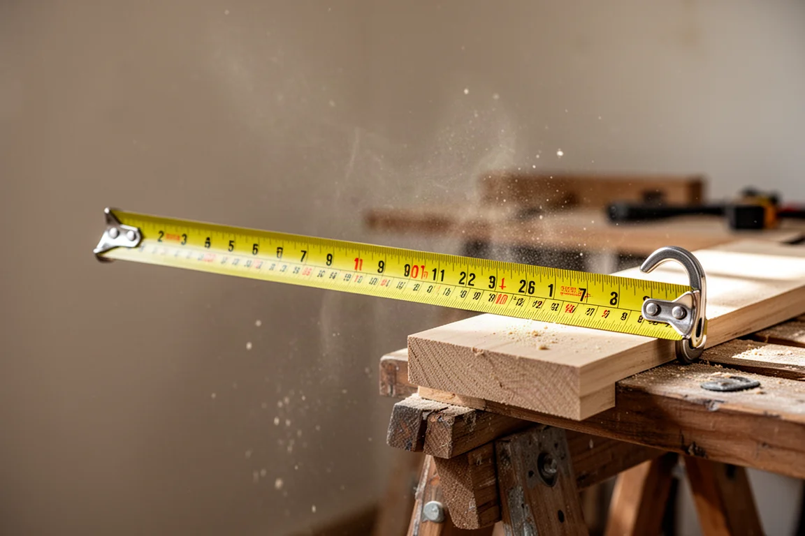 Woodworker pulling out a tape measure across a sawhorse in a workshop