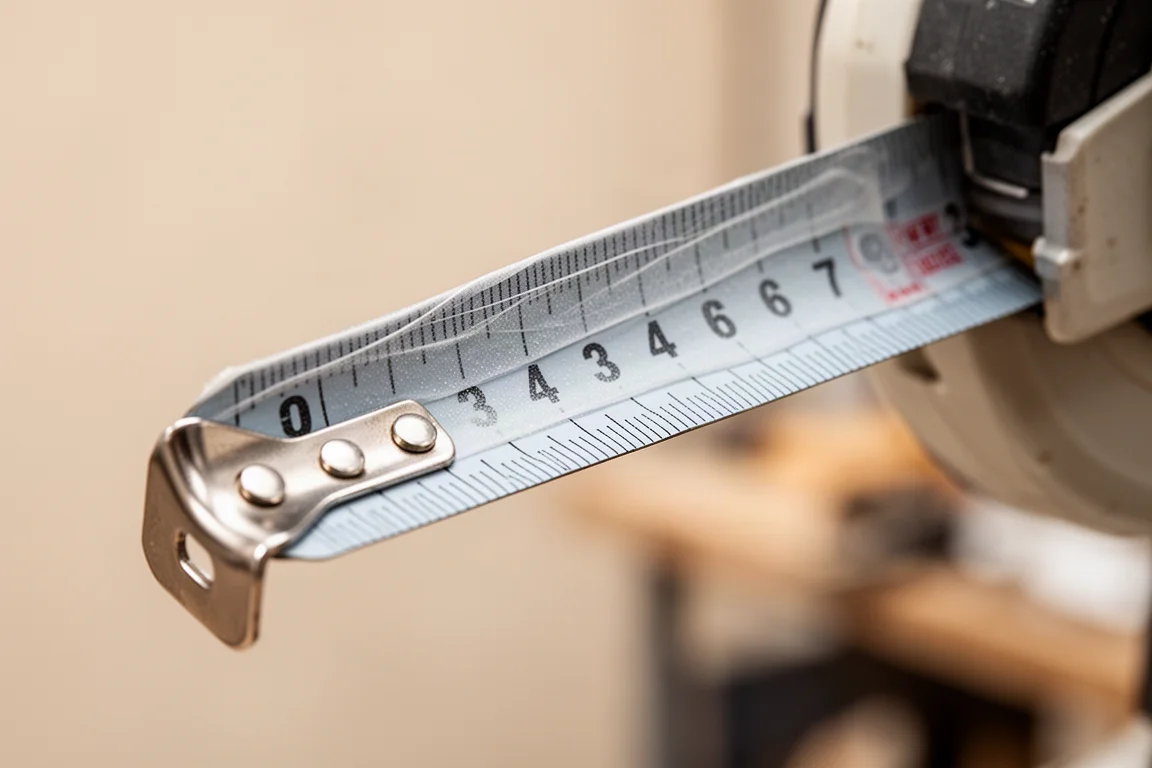 Close-up of a tape measure blade edge showing protective coating at the tip