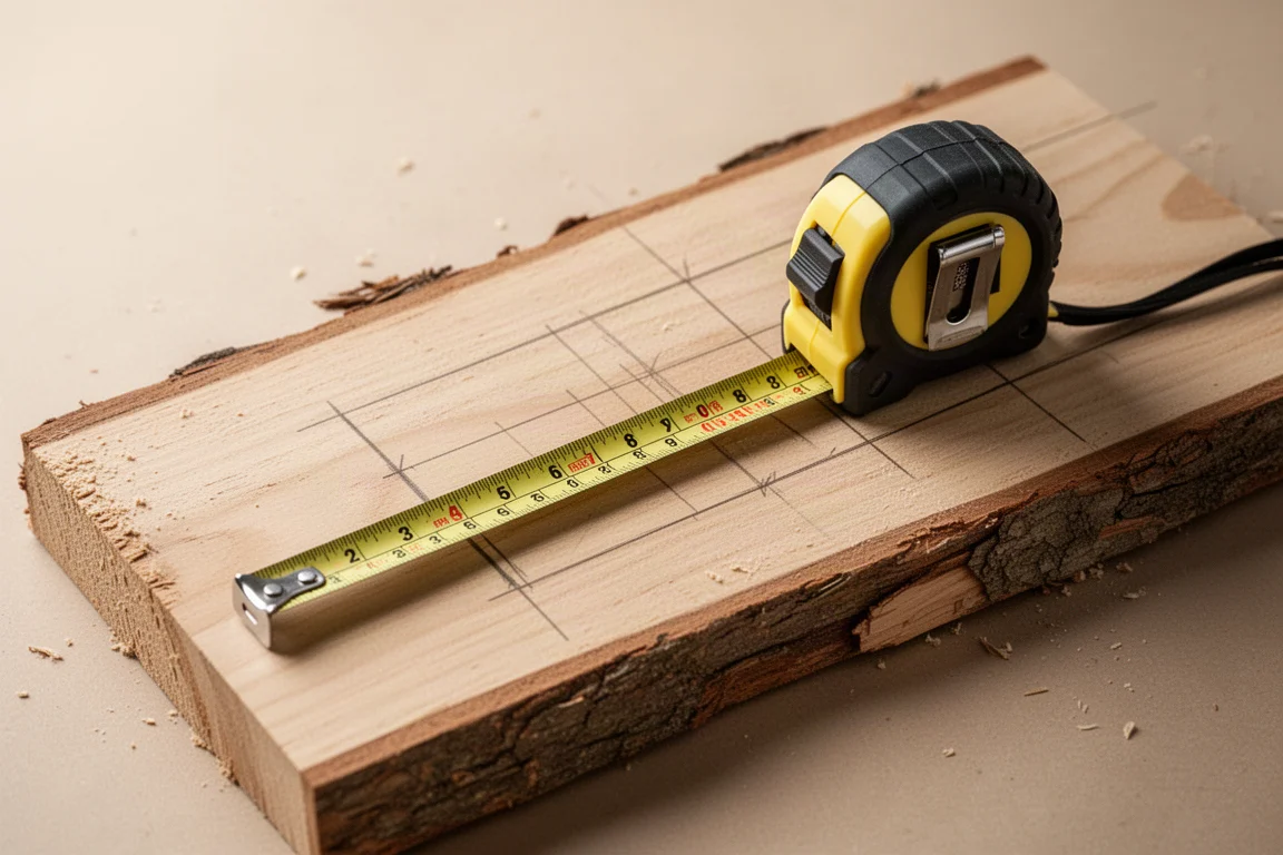 Tape measure lying flat on a board during layout work