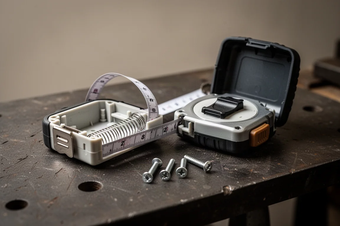 Disassembled tape measure showing internal spring and housing