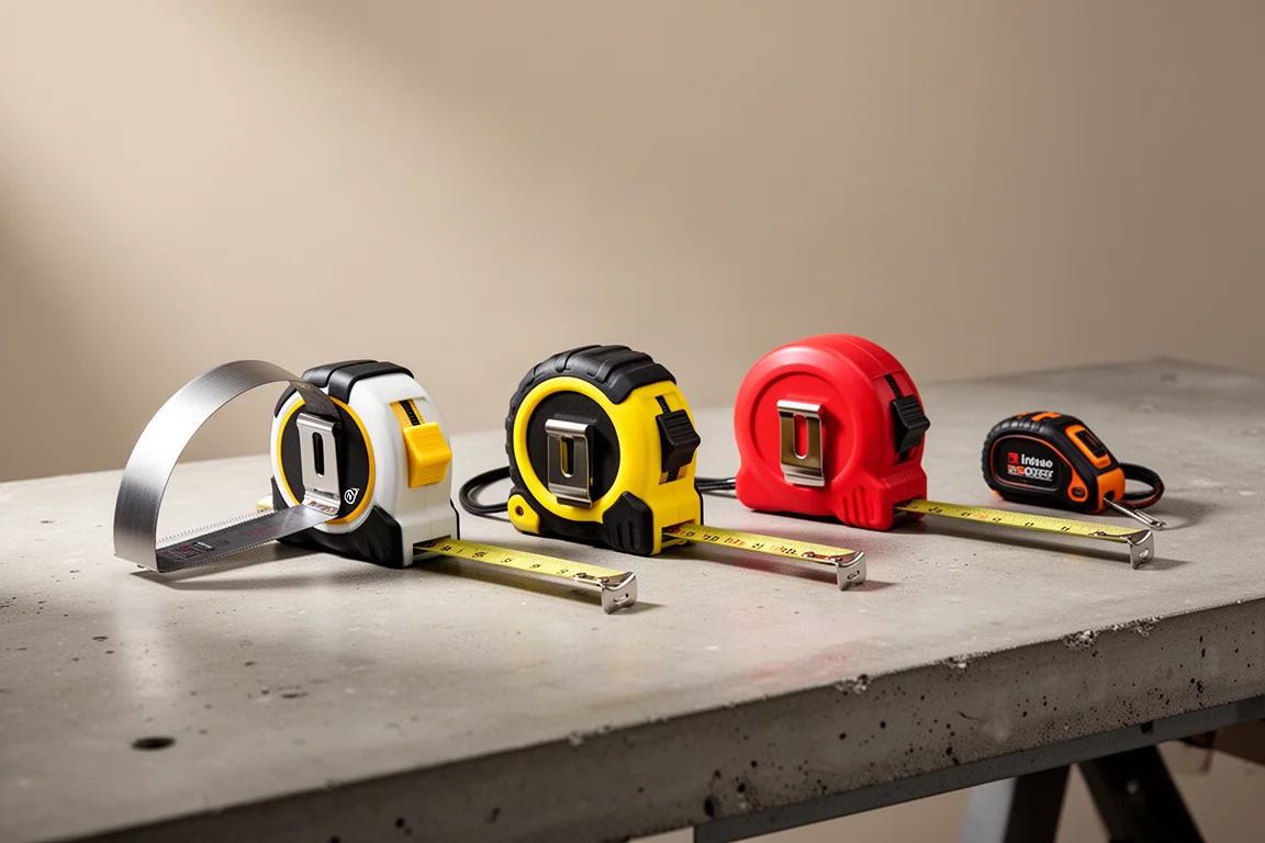 Four tape measures from different brands arranged on a concrete workbench