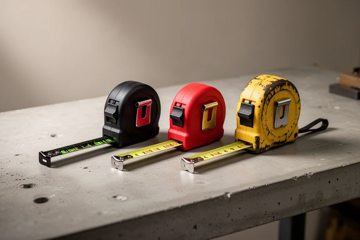 Three tape measures side by side on a workshop bench