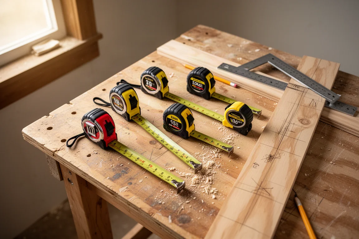 Four tape measures laid out on a workshop bench next to a marked board