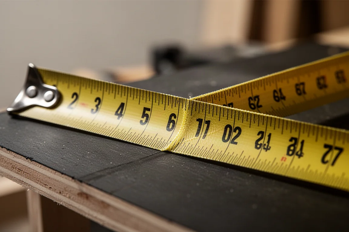 Tape measure blade extended flat across a work surface showing inch markings