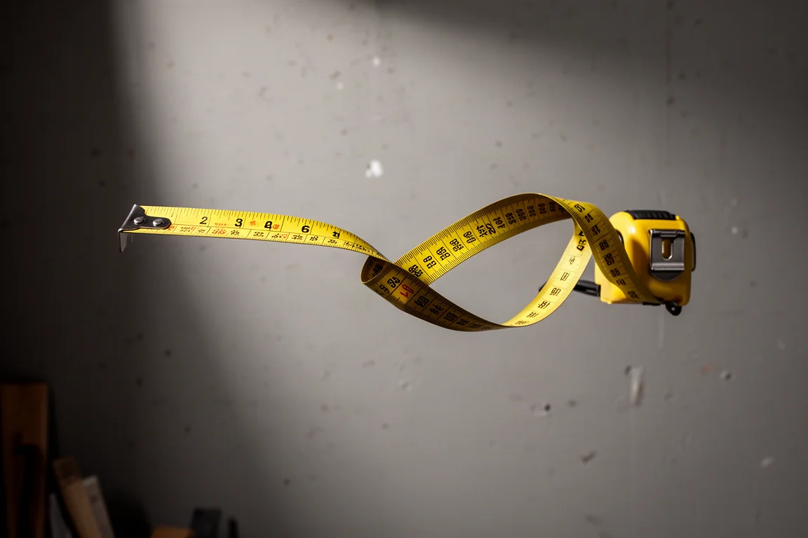 Tape measure blade held extended in mid-air demonstrating standout