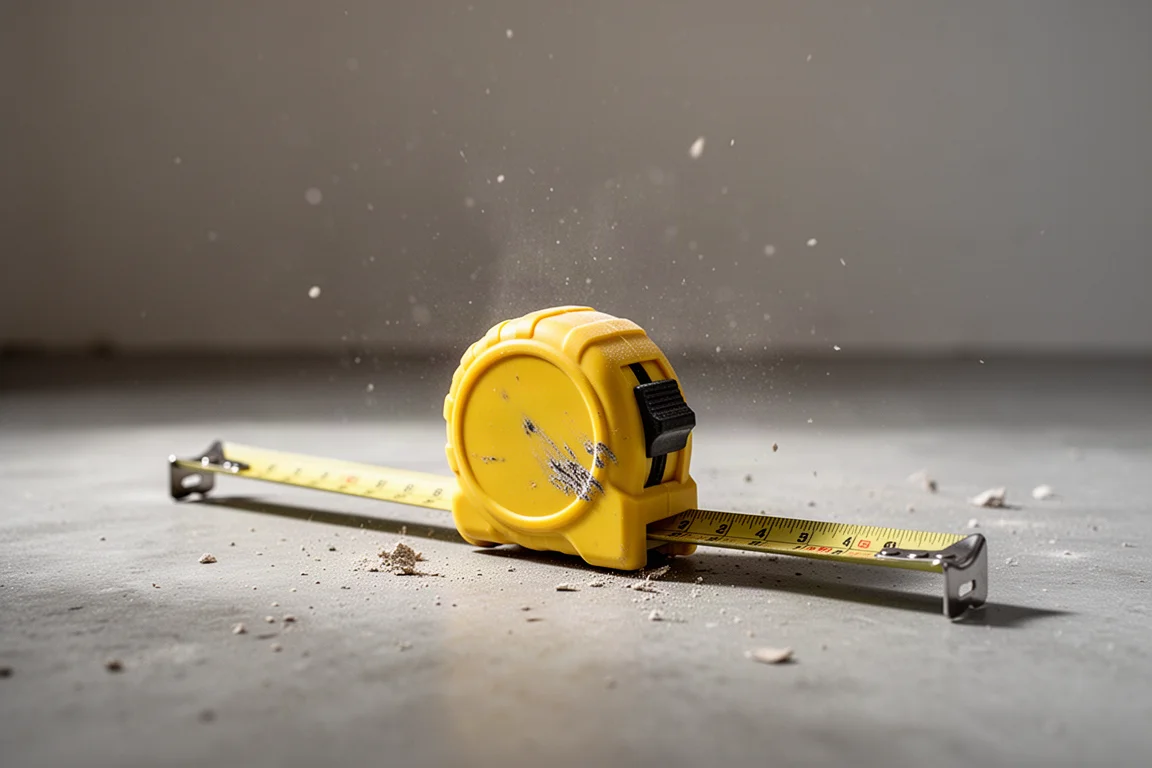 Tape measure lying on a concrete floor after a drop test