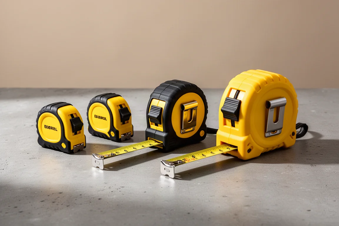Four tape measures arranged in a row on a concrete surface