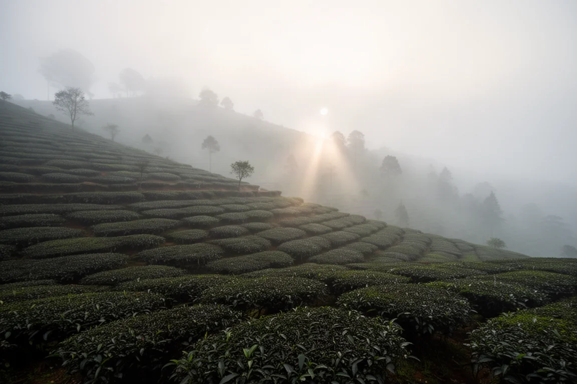 晨光中雲霧繚繞的高山茶園,茶樹成排排列