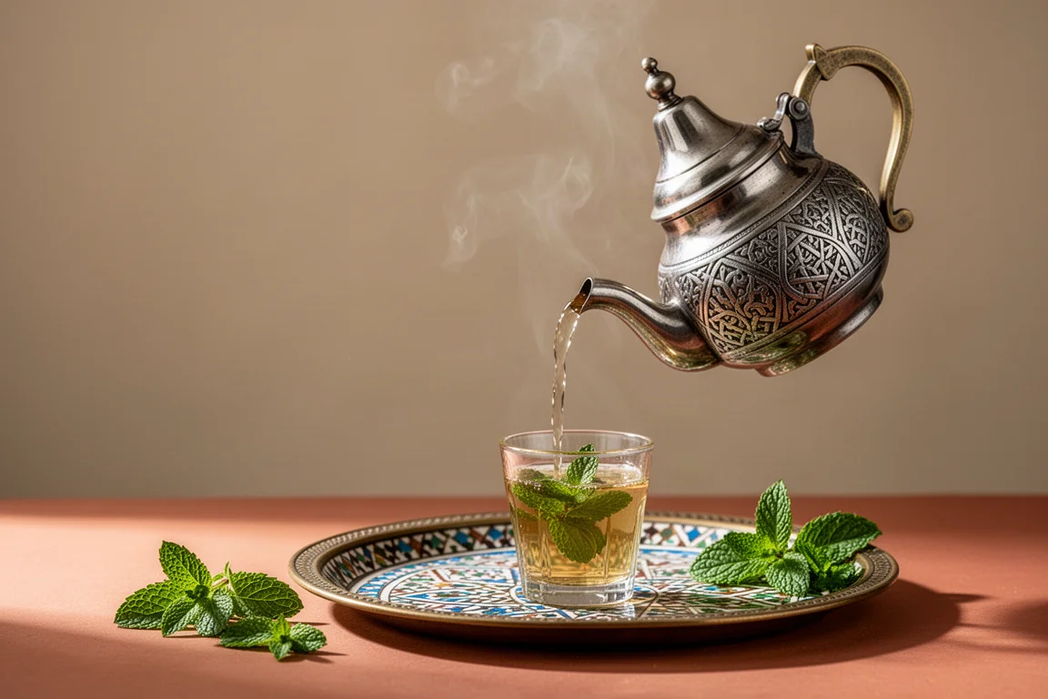 傳統摩洛哥薄荷茶正被倒入小玻璃杯中
