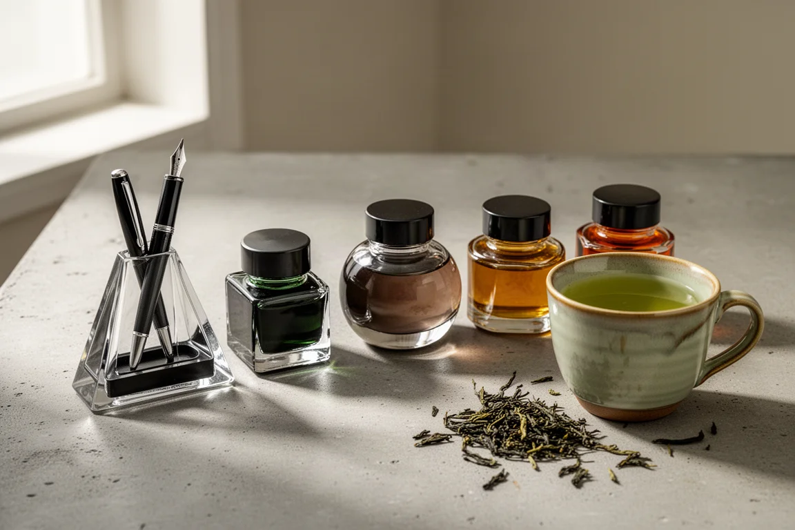 Five ink bottles in tea-inspired shades beside a cup of tea on a concrete surface