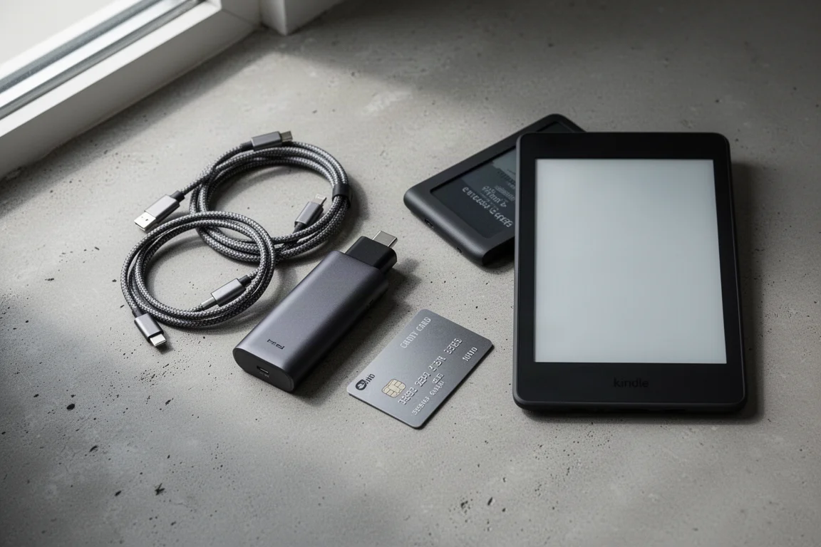 Everyday carry tech items laid out on a desk, including cables and power banks
