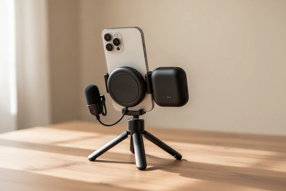 Power bank charging a smartphone while filming with a wireless microphone