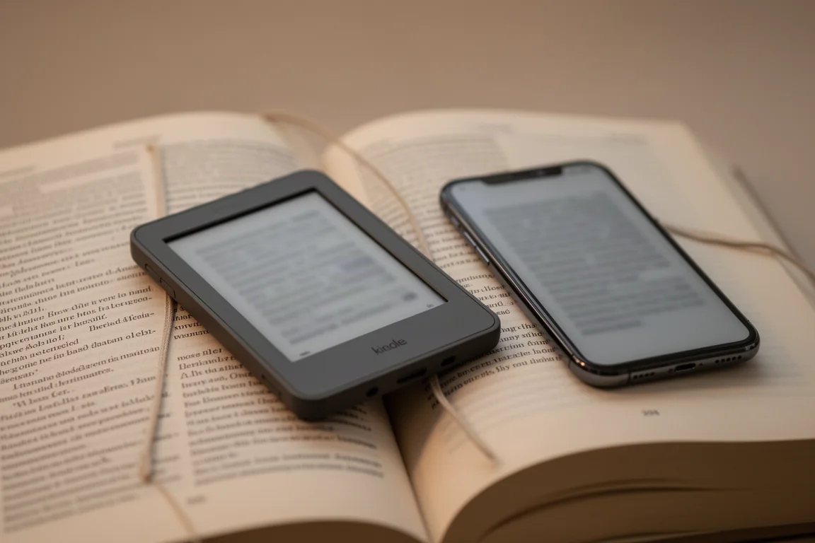 Tiny e-reader held beside a phone to show its compact size