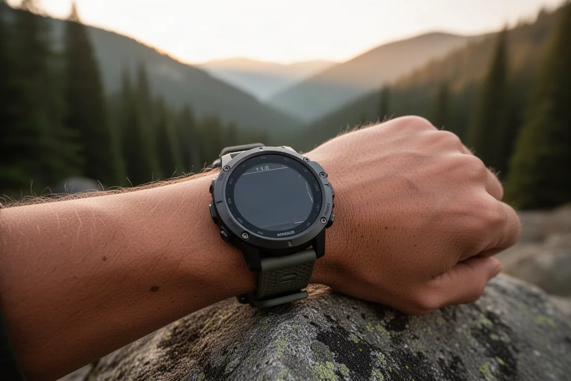 Rugged adventure GPS watch on a wrist on a mountain trail
