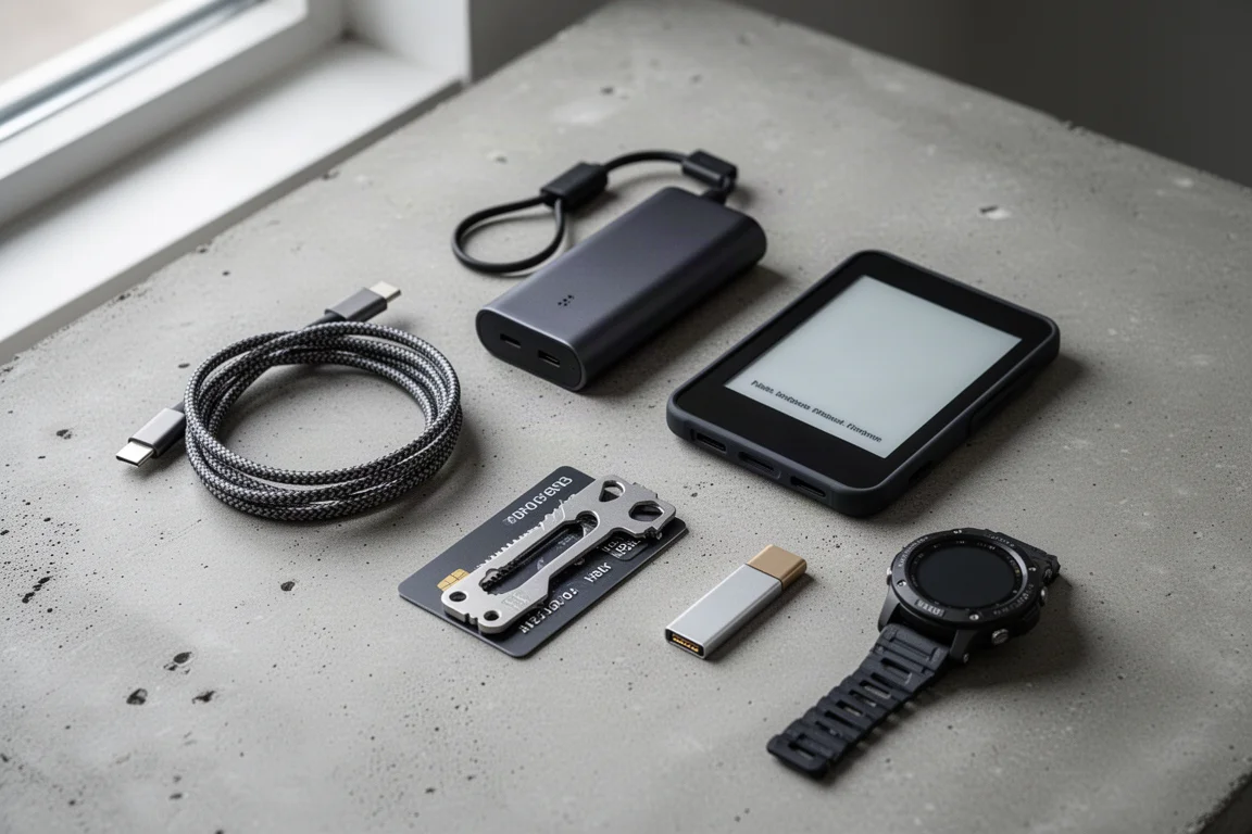 Everyday carry tech items including cables, power banks, an e-reader and a smartwatch on a concrete surface