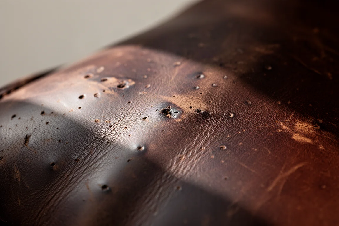 Primo piano della texture di pelle pieno fiore con grana naturale visibile e patina