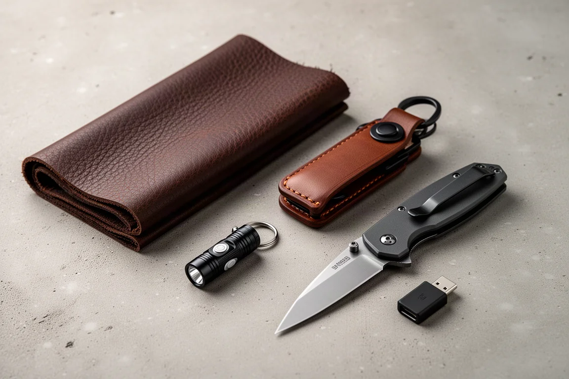Flat-Lay von fünf Tech- und EDC-Artikeln, darunter Leder, eine Schlüsselbundlampe, ein Schlüsselorganizer, ein Klappmesser und ein kleiner Adapter