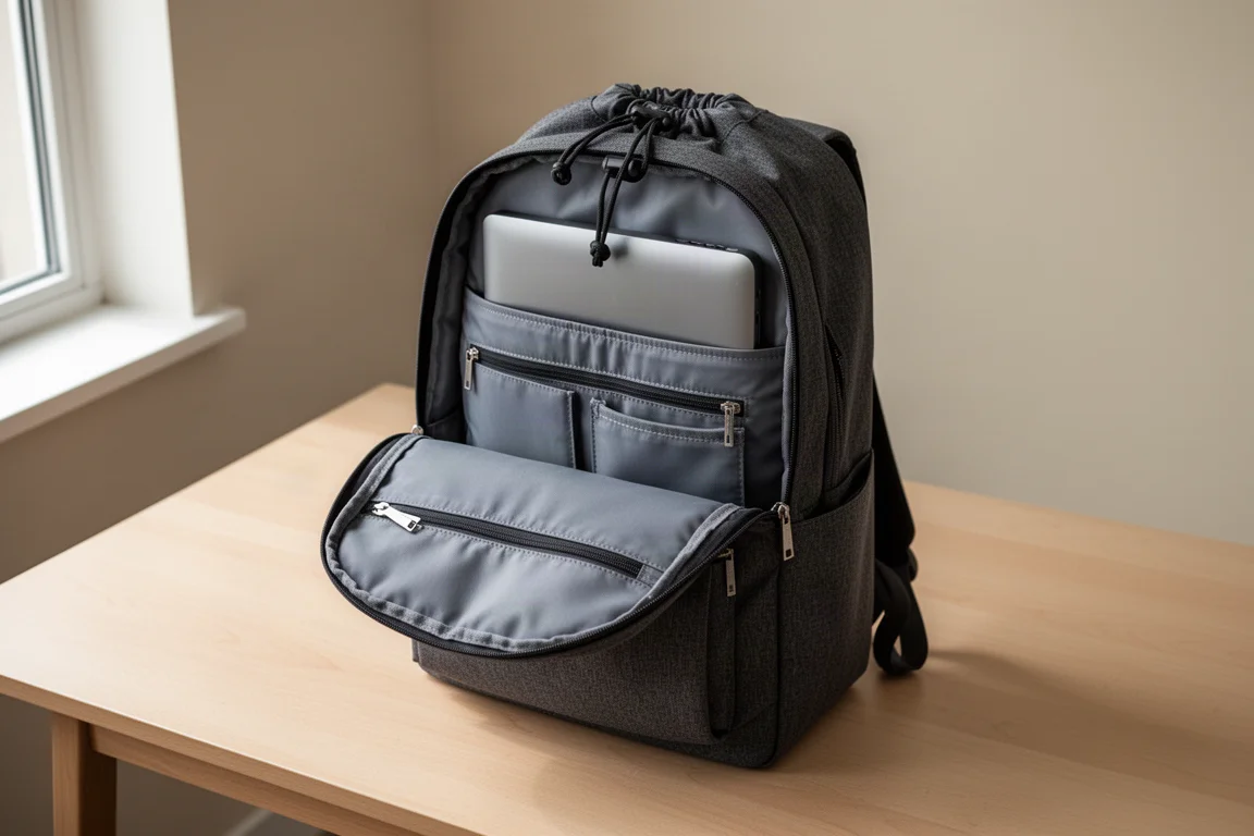Mochila para laptop acolchoada aberta sobre uma mesa mostrando bolsos internos organizados