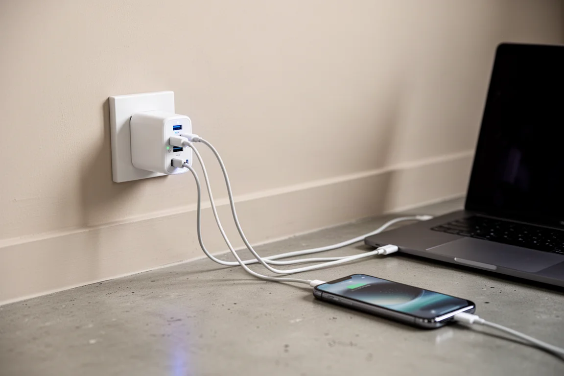 Carregador de parede USB-C grande com múltiplas portas carregando um laptop e um celular ao mesmo tempo