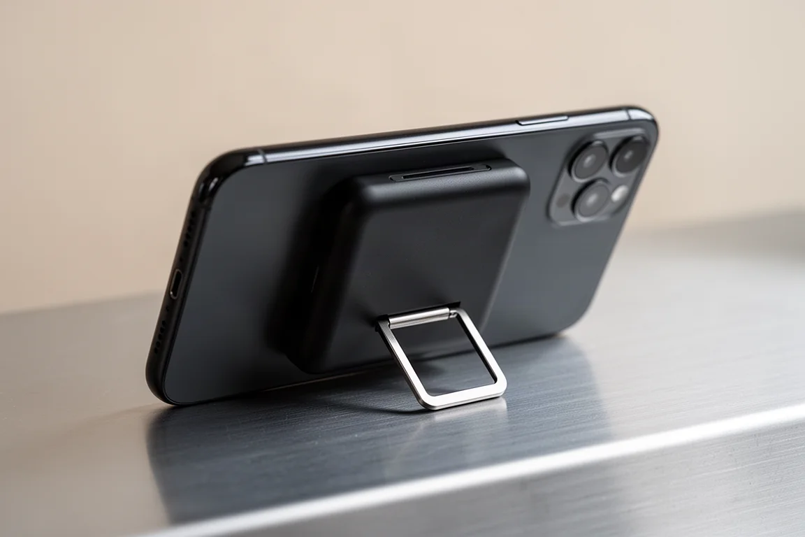 Bateria magnética fina com suporte rebatível sustentando um smartphone