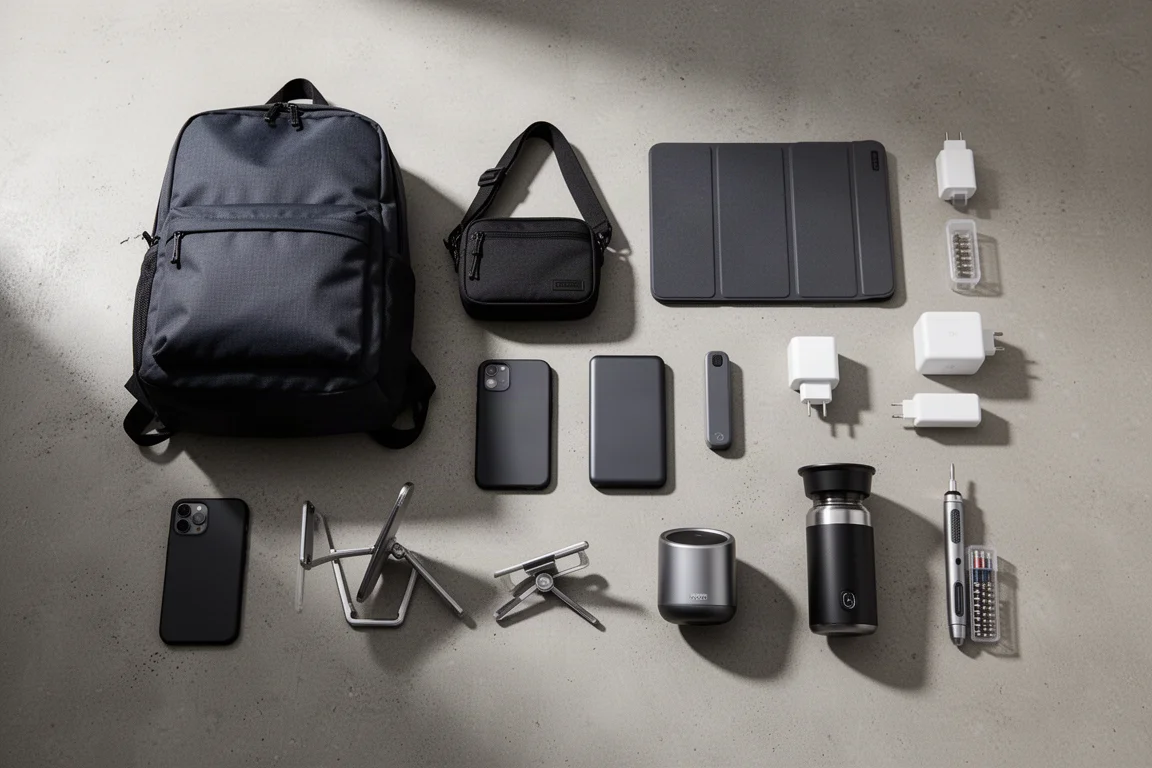 Flat-lay of ten everyday gadgets including bags, chargers, phone accessories, a coffee maker and a screwdriver