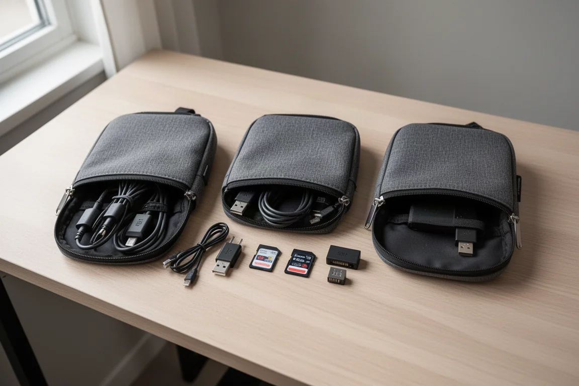Persoon organiseert tech-accessoires in een ritssluitingstas aan een cafétafel