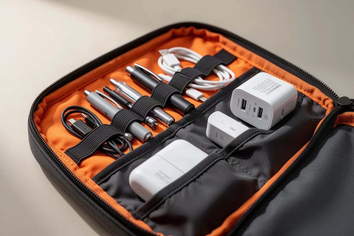Binnenzijde van een tech pouch met elastische lussen en mazen vakken gevuld met kabels