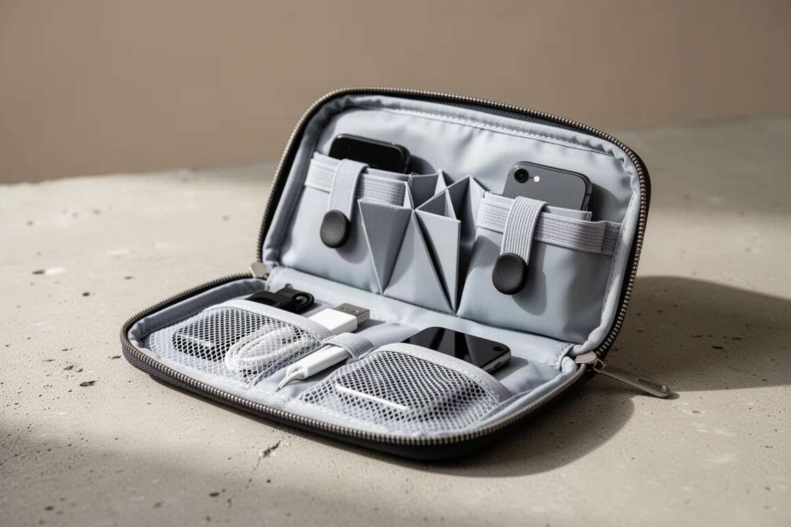 Compacte boekvormige tech pouch liggend en open op een bureau