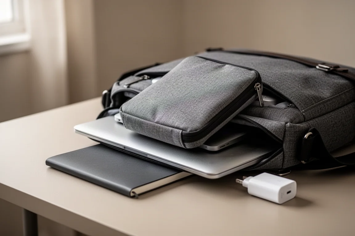 Grotere tech pouch rechtop open op een bureau met afneembare schouderriem bevestigd